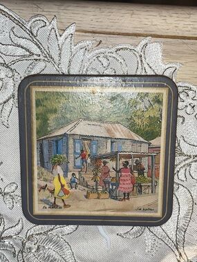 Vintage Jill Walker St. Martin Market Scene Coaster - Caribbean Art - Cork Back